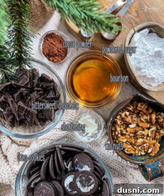 Decadent Bourbon Chocolate Truffles 4 Ingredients for Bittersweet Chocolate Bourbon Balls laid out