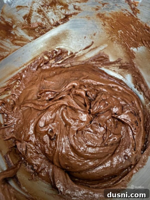 Cookie Dough Brownie Dream 11 Dry ingredients (flour, baking soda, salt) being mixed into the wet brownie batter.