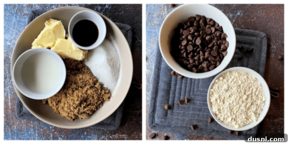 Cookie Dough Brownie Dream 13 Ingredients for edible chocolate chip cookie dough: sugars, butter, milk, vanilla, flour, salt, and chocolate chips.