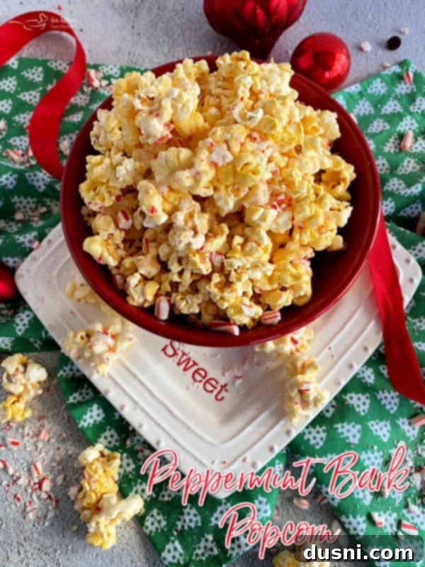 A large bowl of Peppermint Bark Popcorn, ready to serve.