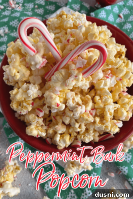 A close-up of finished Peppermint Bark Popcorn in a red bowl, garnished with whole candy canes and showing the texture of the coated popcorn.