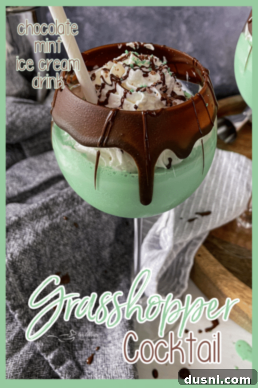 A Grasshopper Cocktail with a chocolate-dipped rim, highlighting a popular garnish technique.