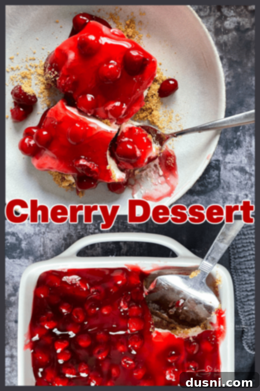 A beautifully composed image of the cherry dessert with a custom graphic encouraging pinning the recipe on Pinterest.