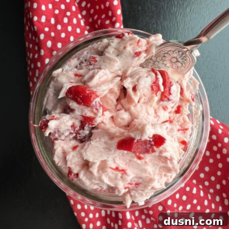 Close-up of a bowl of cherry butter, a smooth, vibrant red spread.