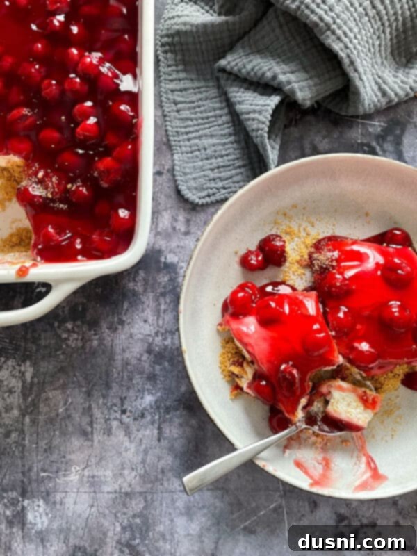 Overhead shot of the finished cherry dessert in a baking dish, showcasing the vibrant red cherry topping and smooth creamy layer.