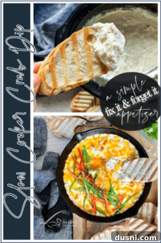 Slow Cooker Crab Dip in a crockpot with a spoon, ready to be served, alongside crackers and garnished with green onions.