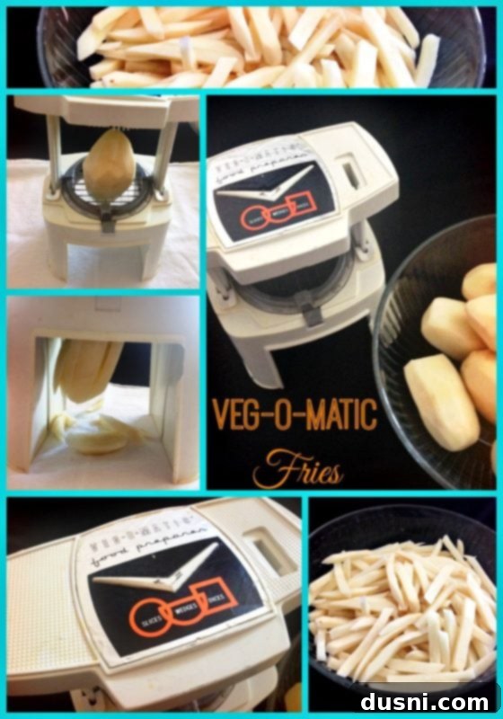 Seriously Crispy Homemade Double-Fried Fries 4 photos of an old fashioned veg-o-matic french fry maker, symbolizing a classic approach to potato cutting.