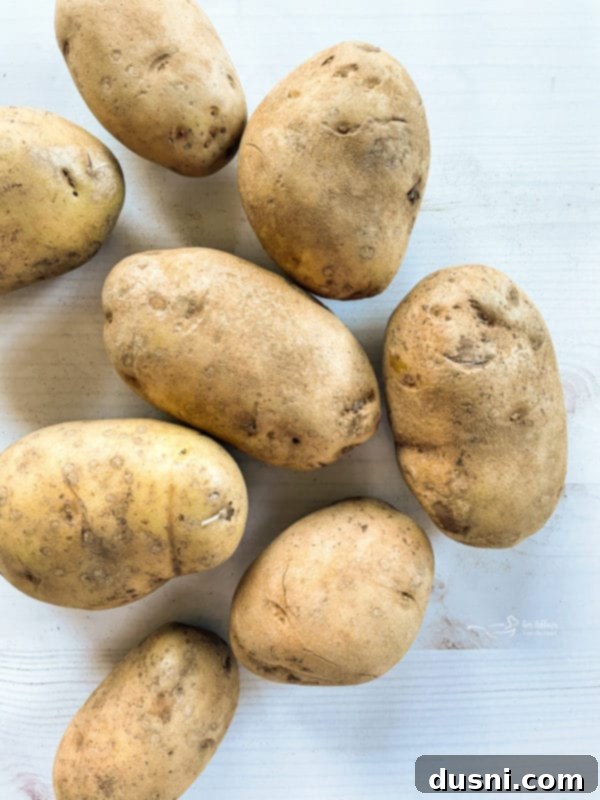 Eight raw Russet potatoes, indicating the quantity needed for a batch of fries.