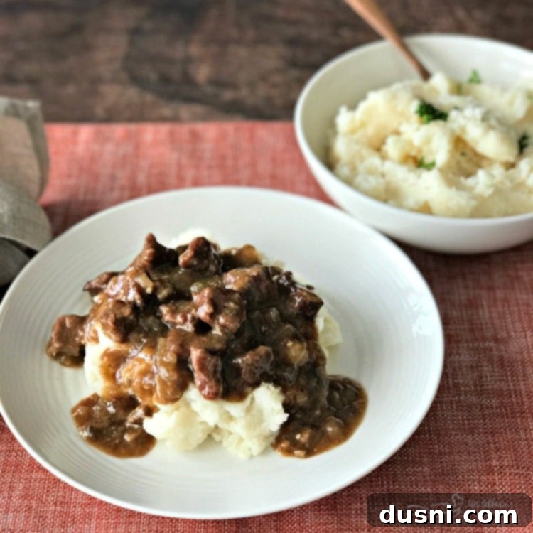 Beef Tips & Gravy served over fluffy mashed potatoes