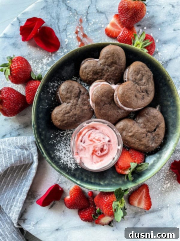 Delicious heart-shaped chocolate strawberry whoopie pies with pink strawberry cream filling