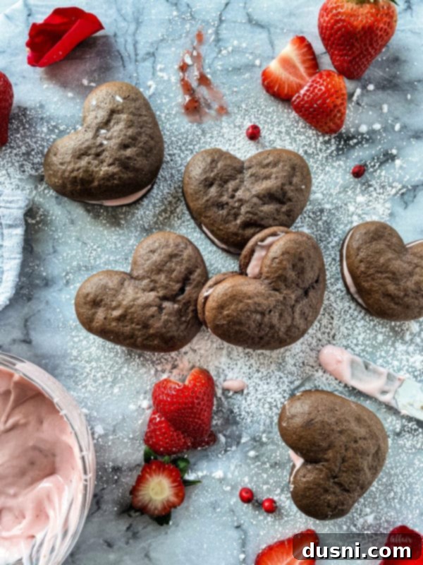 A perfectly formed heart-shaped chocolate strawberry whoopie pie