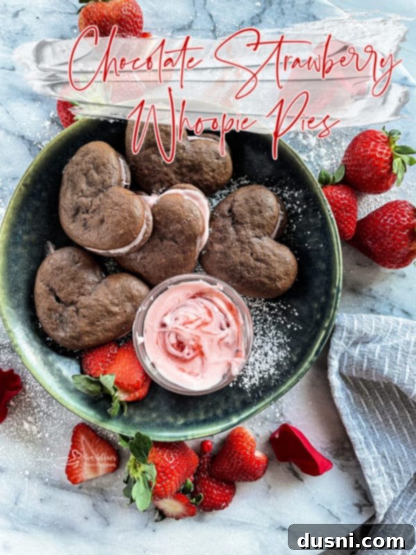 Hero image of heart-shaped chocolate strawberry whoopie pies arranged attractively