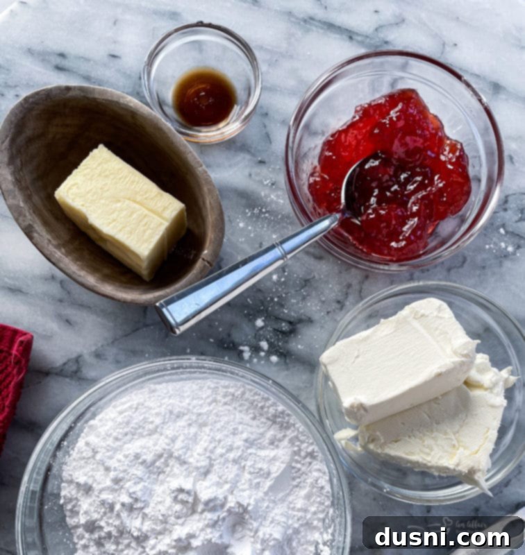 Ingredients for strawberry whoopie pie filling: unsalted butter, cream cheese, vanilla extract, strawberry jam, powdered sugar