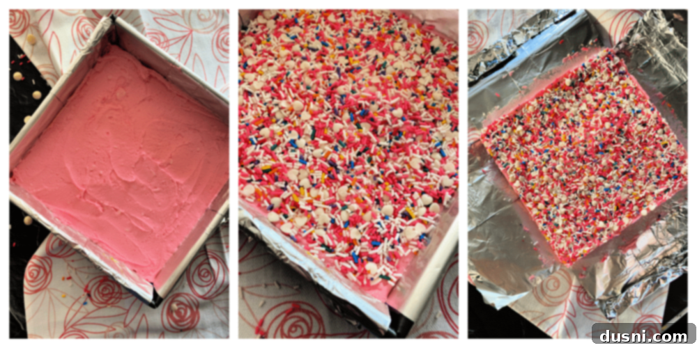 Velvet White Chocolate Cheesecake Fudge 7 Spreading pink fudge into a pan and adding sprinkles