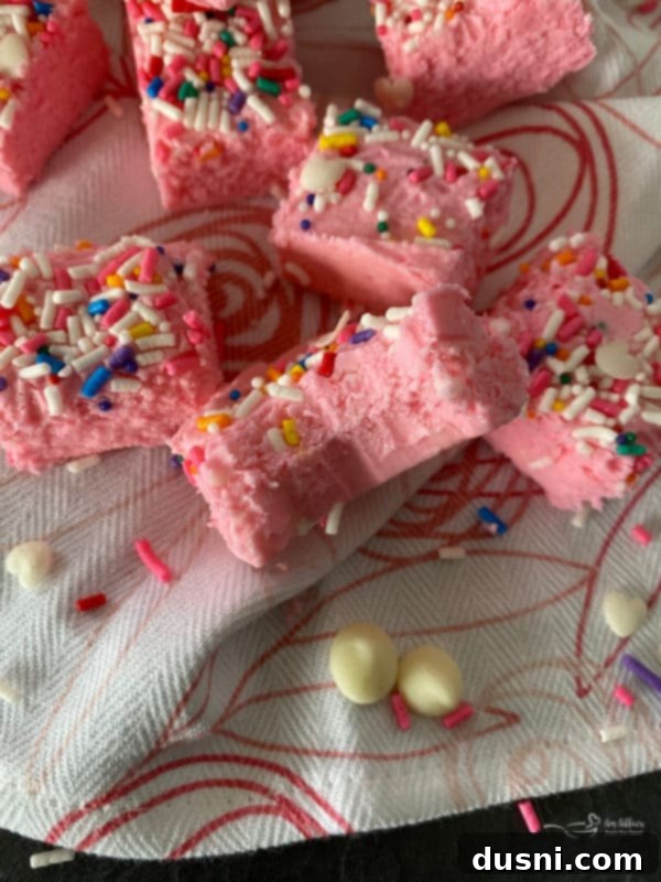 Velvet White Chocolate Cheesecake Fudge 10 Another view of pink fudge with sprinkles