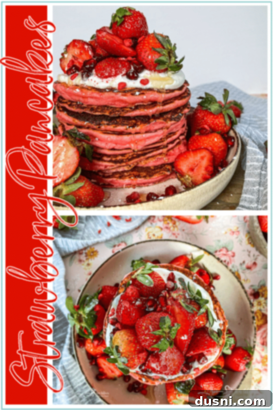 A close-up of a single strawberry pancake on a plate.