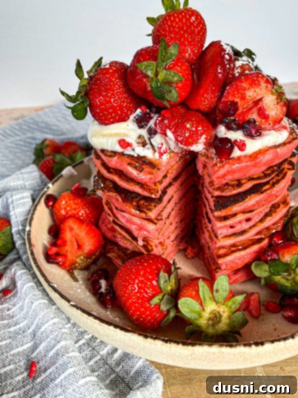 A stack of beautifully plated strawberry pancakes.
