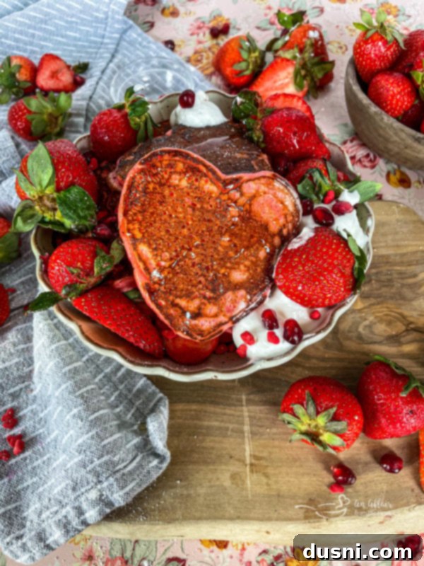 Heart-shaped strawberry pancakes topped with whipped cream and fresh strawberries.