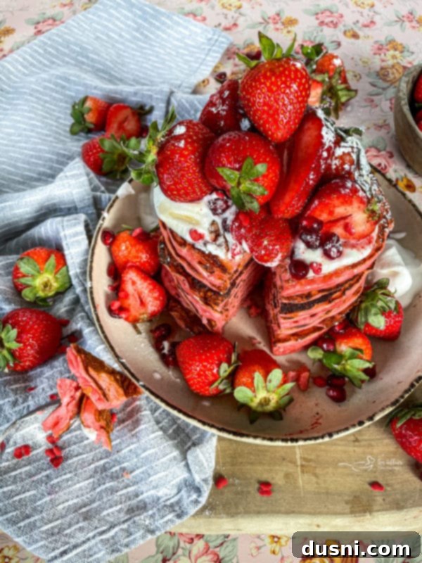 A plate of strawberry pancakes topped with whipped cream, syrup, and fresh strawberries, ready to serve.