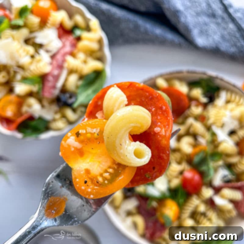Italian Deli Pasta Salad 12 Close up photo of pasta salad on fork