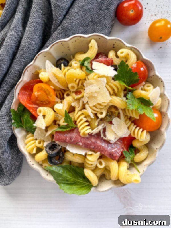Italian Deli Pasta Salad 7 One bowl of pasta salad with tomatoes