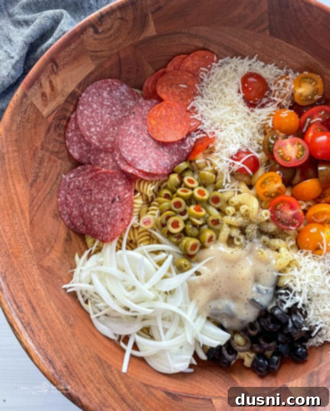 Italian Deli Pasta Salad 9 Bowl filled with salami, pepperoni, tomatoes, cheese, onions, olives, pasta, and dressing