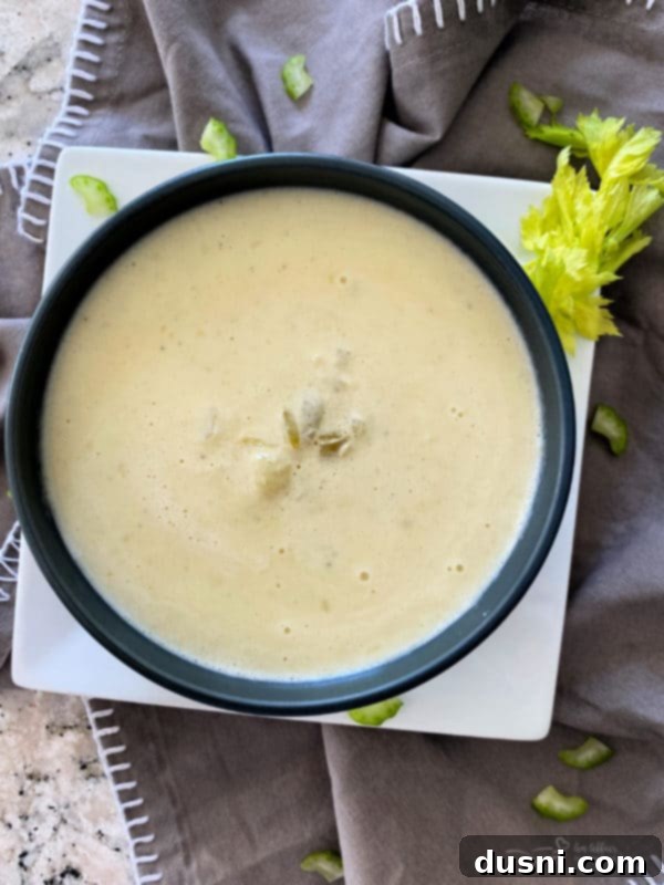 Instant Pot Cream of Celery Soup in a rustic bowl