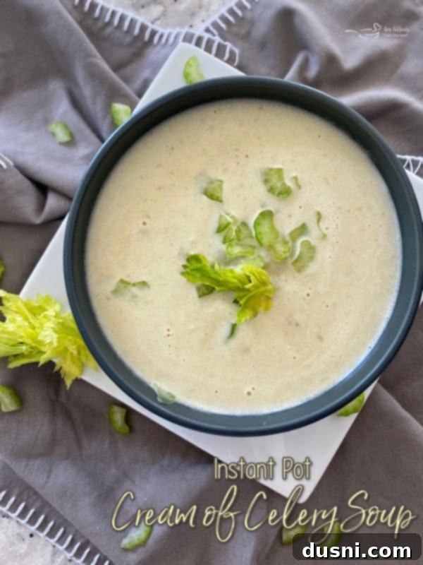 A bowl of Instant Pot Cream of Celery Soup with a spoon