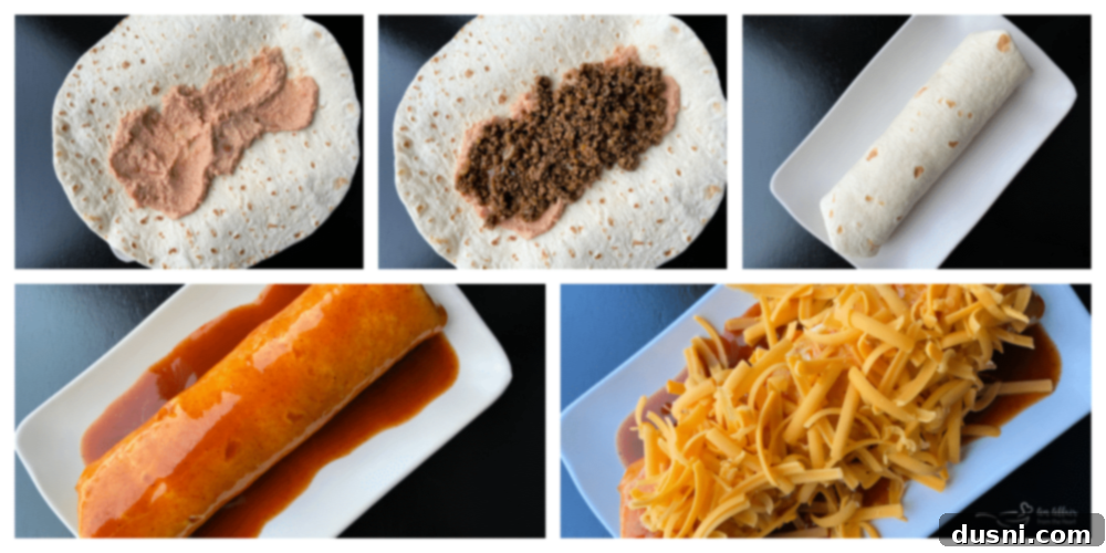 A step-by-step visual guide showing how to assemble the Taco Bell Enchiritos.
