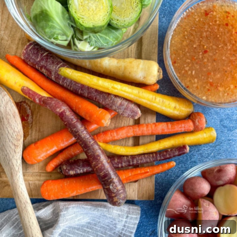 Carrots, Brussels sprouts, potatoes, and Italian dressing
