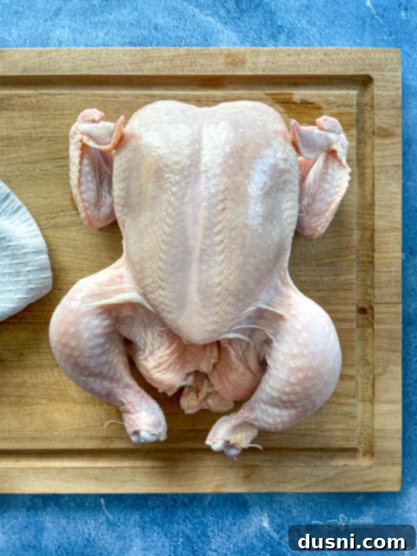Top view of whole chicken on cutting board