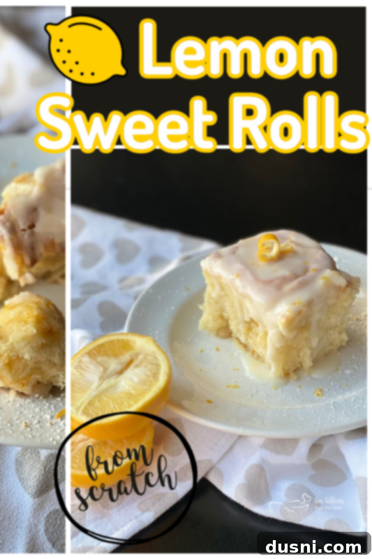 Front view of lemon sweet rolls with text