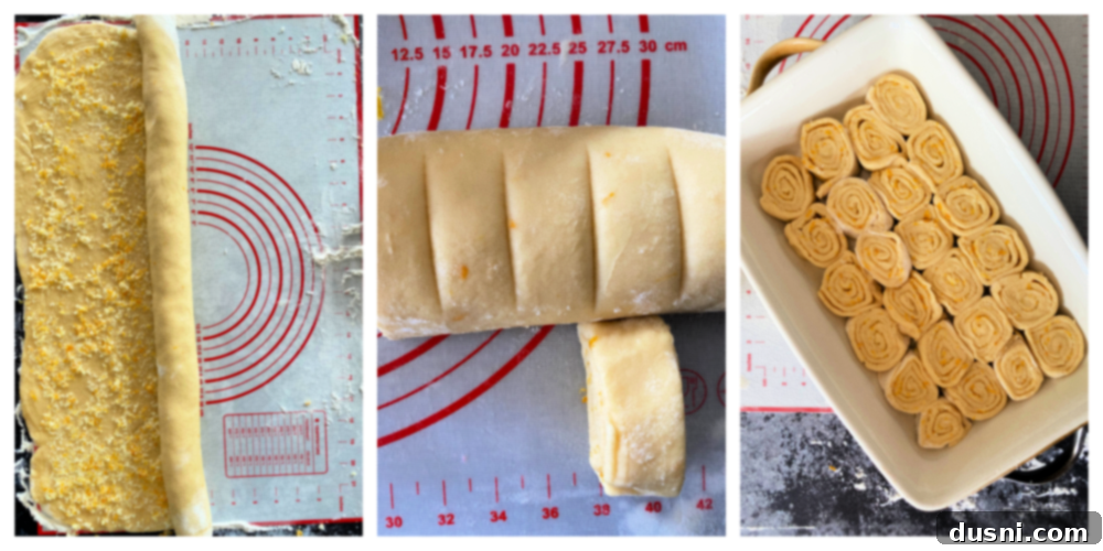 Top view of lemon rolls being cut into individual rolls