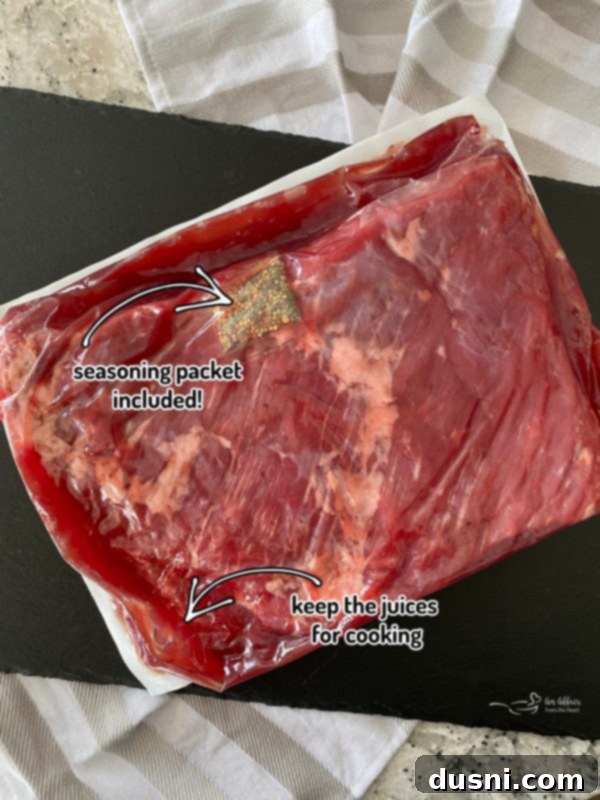 Uncooked corned beef brisket in its packaging