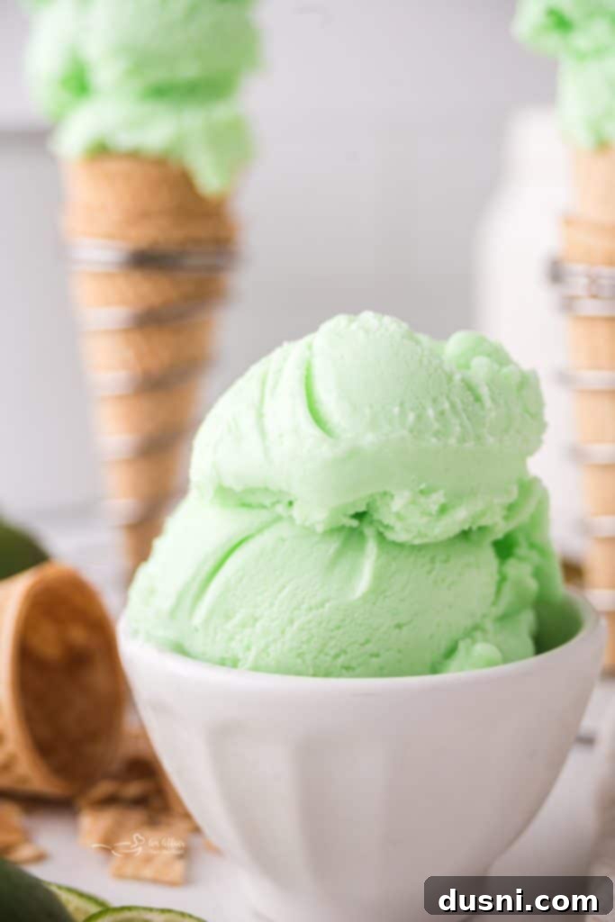 Homemade Baskin Robbins Daiquiri Ice in a white bowl, garnished with lime slices.