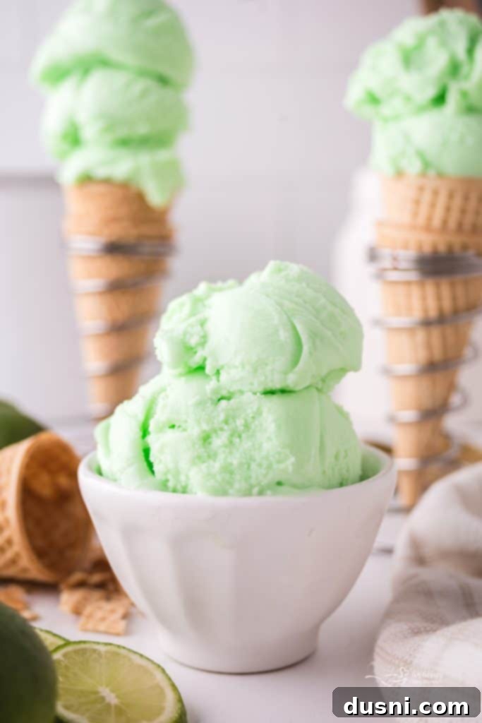 A large bowl of homemade Baskin Robbins Daiquiri Ice with scoops ready to be served.