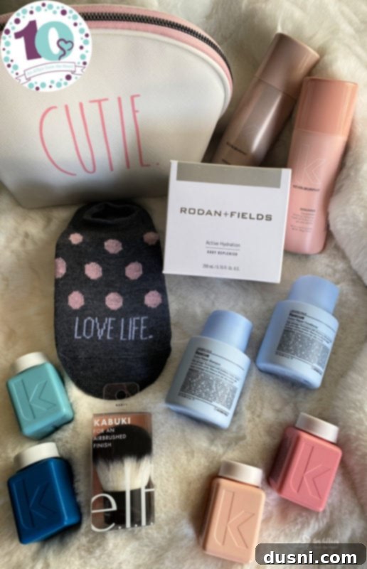 Beauty Giveaway items in a Rae Dunn bag