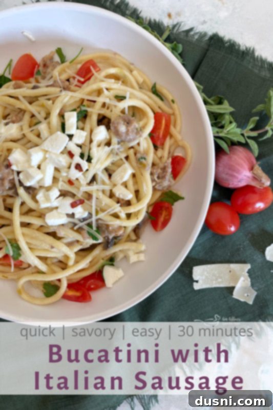 Top view of Italian sausage with bucatini on plate for Pinterest