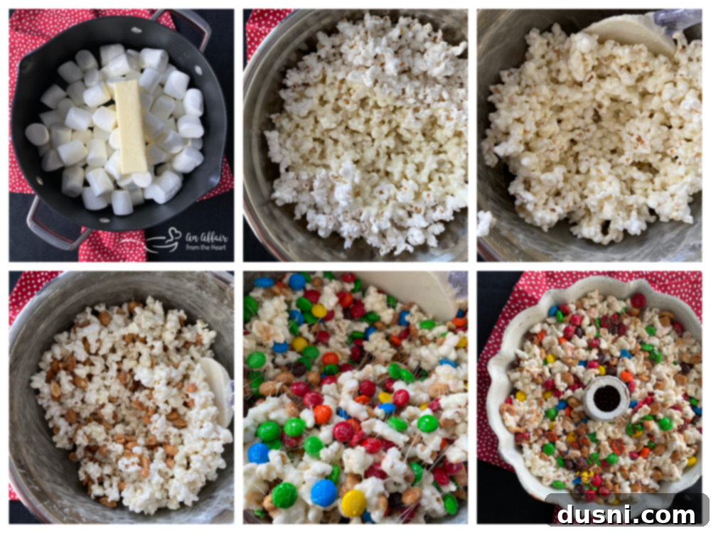 Ingredients for Popcorn Cake laid out on a table: popcorn, marshmallows, M&M's, peanuts, butter, and oil.