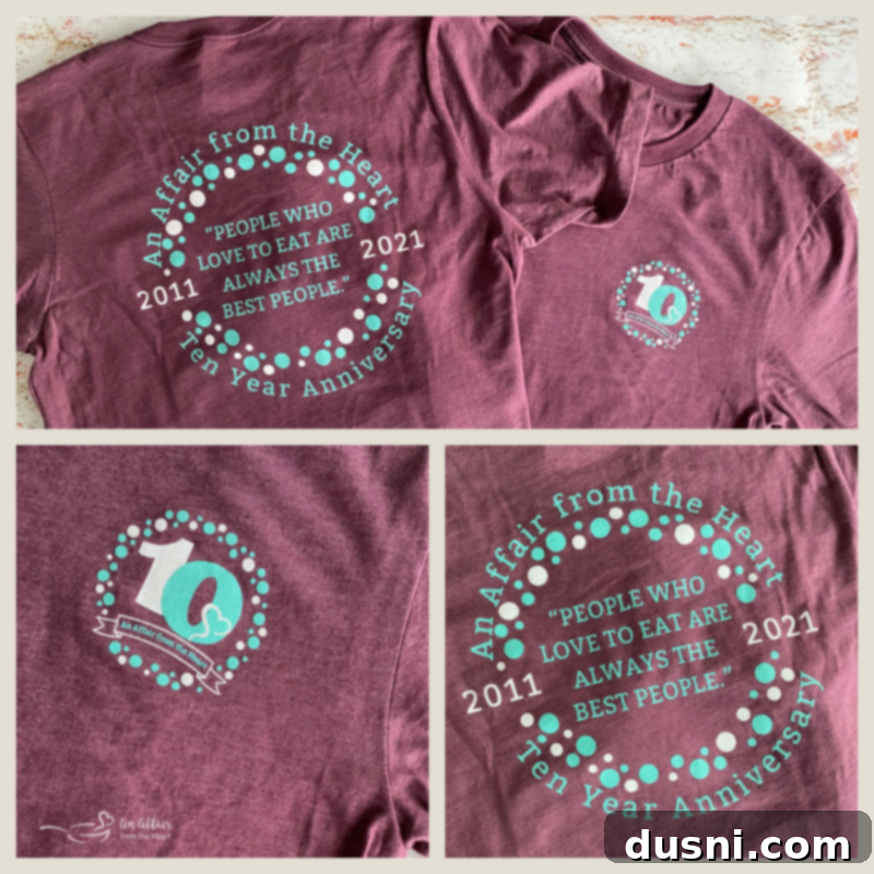 An Affair from the Heart 10th Anniversary T-shirts with various food graphics.
