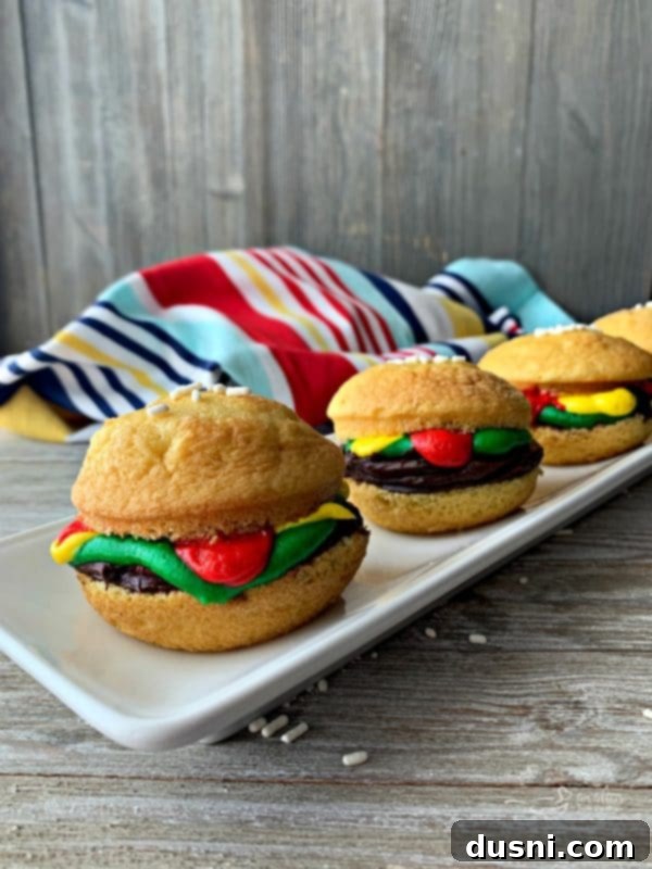 Adorable Hamburger Cupcakes arranged on a serving platter, ready for a party.