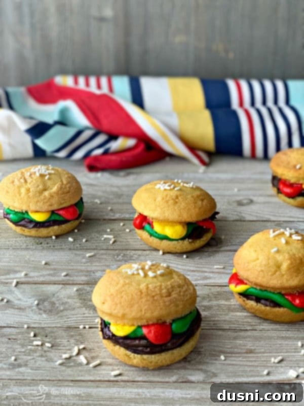 Several finished Hamburger Cupcakes displayed on a serving platter, ready for enjoyment.