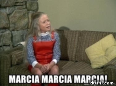 Marcia Brady from The Brady Bunch, representing a humorous comparison to constant name-dropping.