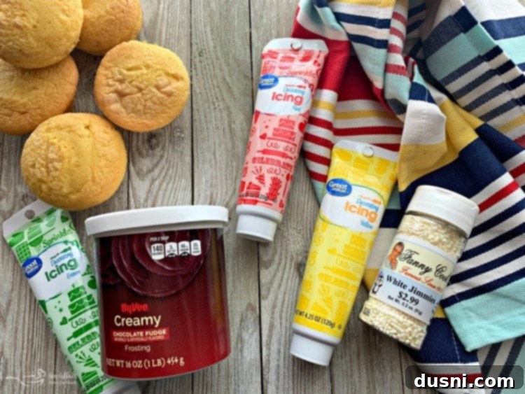 A step-by-step photograph showing the preparation of hamburger cupcakes, including sliced cupcakes and various frosting colors.