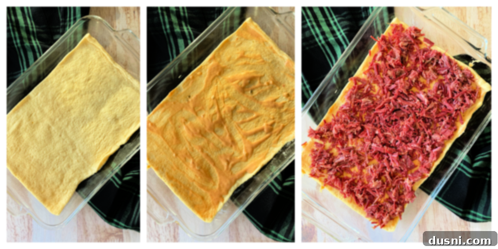 Reuben Crescent Breakfast Bake 6 Step-by-step image collage showing the layering of Reuben Breakfast Casserole ingredients