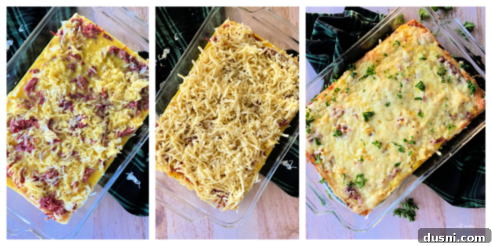 Reuben Crescent Breakfast Bake 8 Step-by-step image collage showing the final layering of Reuben Breakfast Casserole before baking