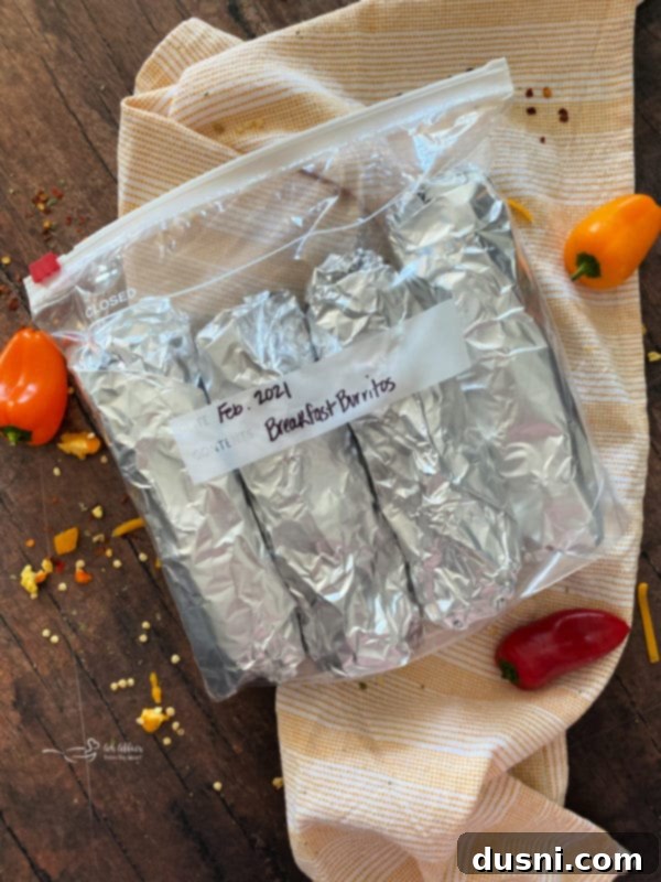 Wrapped and frozen breakfast burritos