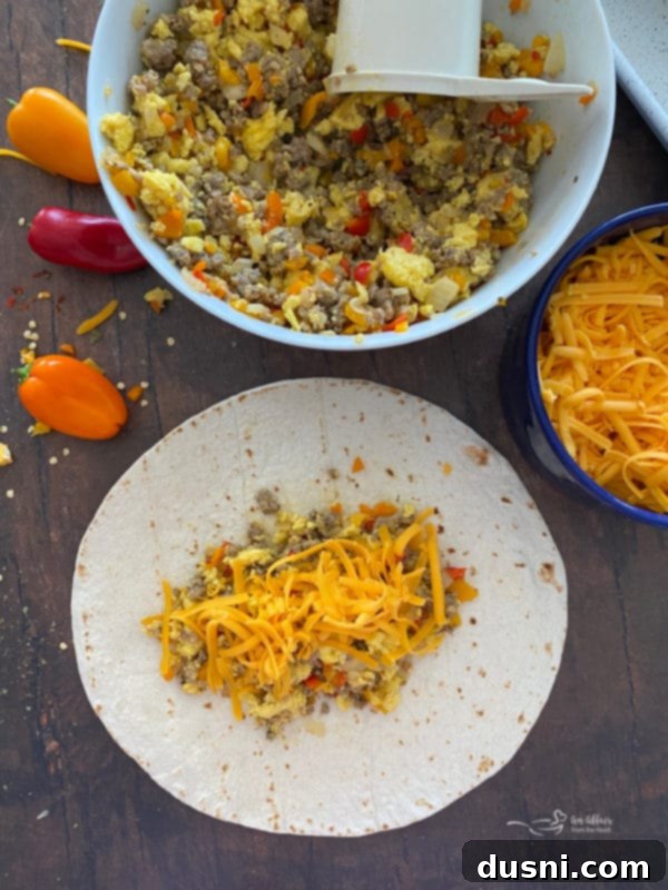 Scrambled eggs mixed with sausage and vegetables