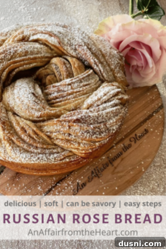 Pinterest image promoting Russian Rose Bread recipe, showing a slice with cinnamon swirl