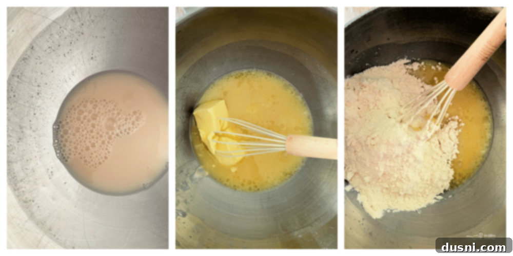 Step-by-step instruction showing milk being heated in a saucepan for Russian Rose Bread dough